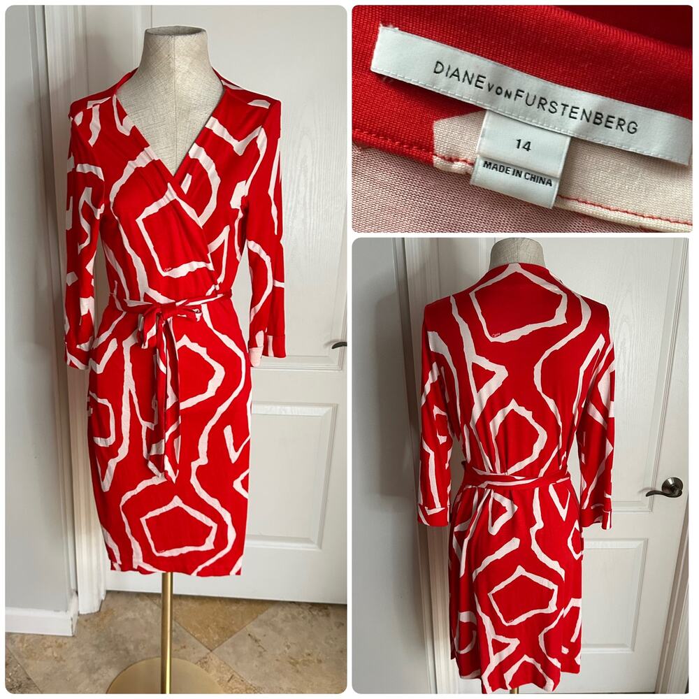 DVF Vintage Justin 100% Silk Jersey Wrap Dress Abstract Red White